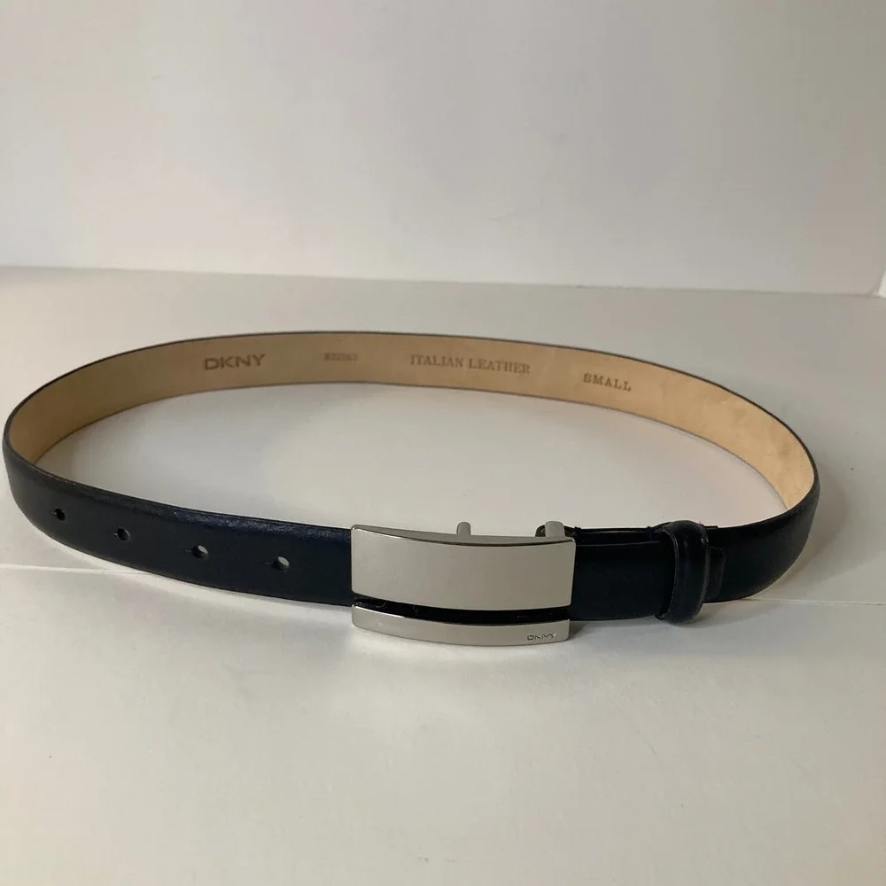 Womens DKNY Italian Leather Belt Black S Silver‎ Buckle